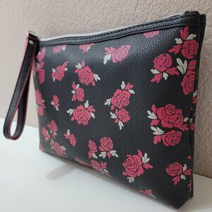 Black Rose Print Wristlet Clutch with Zip Closure